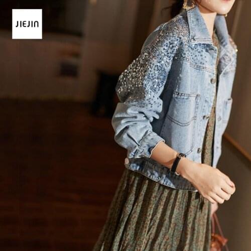 2020 Womens Denim Jacket Korean Style Bling Clothes Solid Casual Blue Jackets Autumn Plus Size Vintage Loose Jeans Coats Female