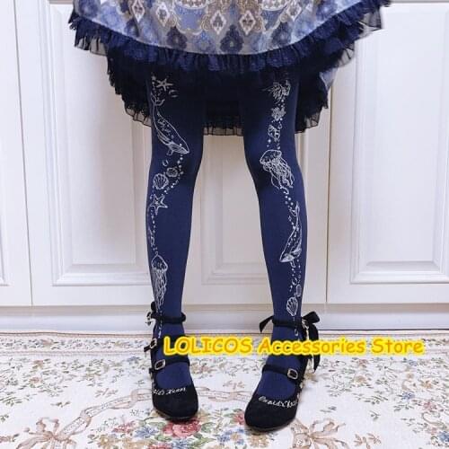 Court Style Retro Ocean Box Whale Printing Pantyhose Soft Girl Cosplay Anime Velvet Tight socks Harajuku Womens Long Stocking