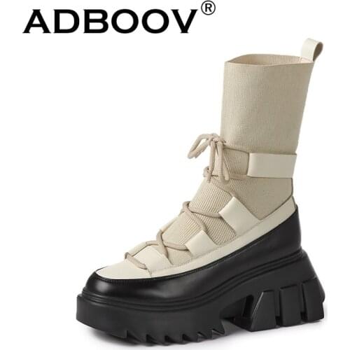 ADBOOV Genuine Leather Platform Boots Women High Fashion Women Shoes Thick Sole Chunky Sock Boots Ladies