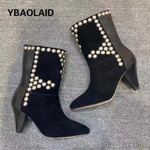 Tapered Heel Boots Leather Knee-high High Sleeve Autumn and Winter Rivet Pointed Toe Personality Ladies Low Boots Knight Boots