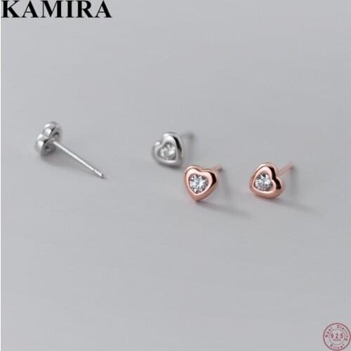 KAMIRA 925 Sterling Silver Korean Forever Love Heart Shiny Zircon Stud Earrings for Women Teen Birthday Retro Unique Jewelry 피어싱