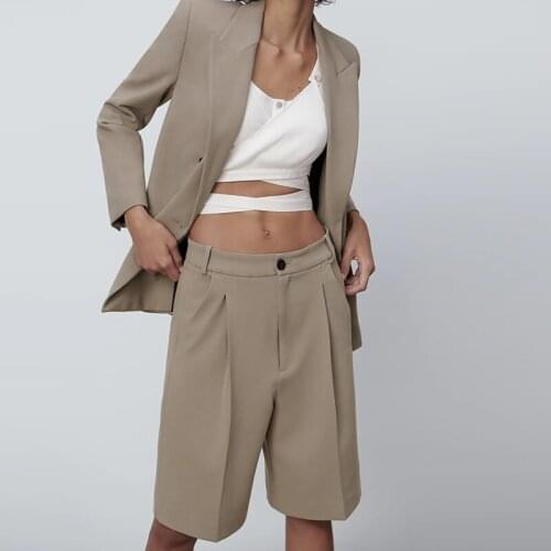 2021 Women Fashion Brown Side Pockets Suit Shorts Vintage High Waist Zipper Fly Female Knee Length Short Pants Pantalones Cortos