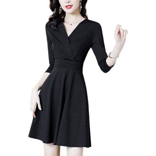 Black dress female spring and autumn 2021 new temperament slim long skirt V-neck slim little black dress