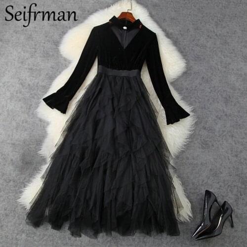 Seifrmann 2021 New Women Spring Fashion Runway A-Line Dress Flare Sleeve Ruffles High Waist Black Mesh Midi Dresses Vestidos