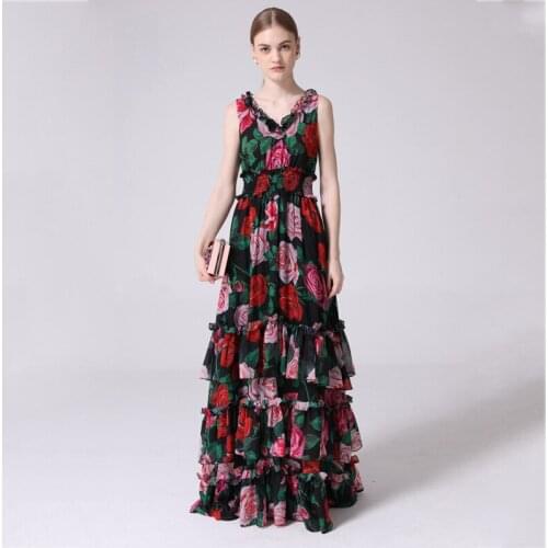Black red rose floral cross border maxi boho cake dress women robe 20 summer long casual beach sexy loose dresses plus size