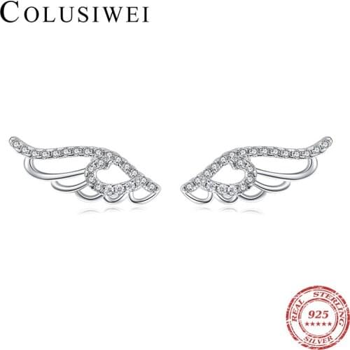 Colusiwei Hot Fashion 925 Sterling Silver Vintage Zirconia Exquisite Angel Wing Stud Earrings for Women Korea Style Fine Jewelry