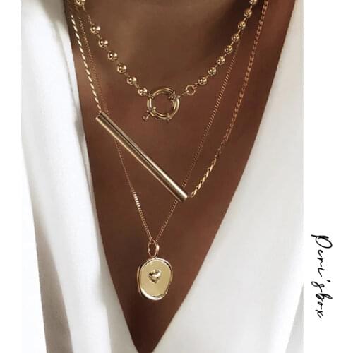 PerisBox 3Pcs/Set Long Bar Coin Necklaces Small Beads Toggle Clasp Necklaces for Women Minimalist Layered Medallion Necklaces
