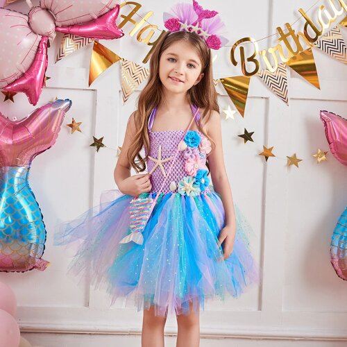Halloween Littler Mermaid Cosplay Costumes for Girls Sea Theme Birthday Party Tutu Dresses with Starfish Decor Kids Purple Dress