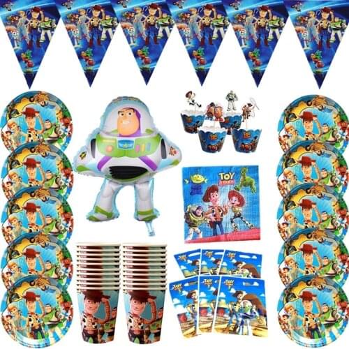 Toy Story Children Happy Birthday Theme Party Supplies Set Cups Plates Tableware Paper Straws Hudi Buzz Lightyear Foill Balloon