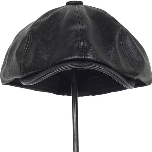 Unisex Four Seasons PU Leather Newsboy Caps Solid Octagonal Hat Men Women Detective Hats Retro Flat Caps