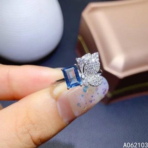 KJJEAXCMY fine jewelry 925 sterling silver inlaid natural Blue Topaz Womens fashionable personality butterfly square gem ring s