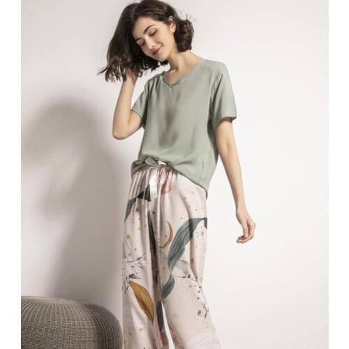 Summer Pajamas Set Women Sleepwear Female Casual Floral Printed Contrasting Color Pyjamas Tops with Long Trousers Home Clothing