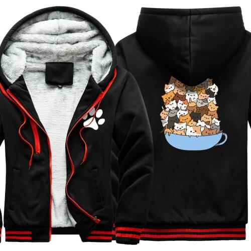 Cat Print 2020 New Arrival Camouflage Raglan Thicken Jackets For Mens Dark Blue Hooded Harajuku Leisure Retro moletom masculino