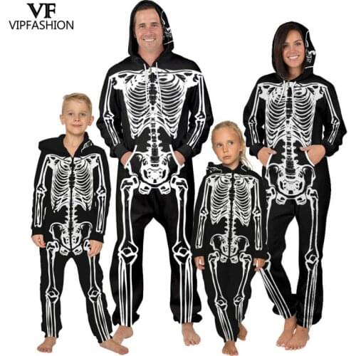 VIP FASHION New Parent-Child Suit For Halloween Costume Skull Skeleton Printed Spandex Nightwear Pyjamas Loose Zippers Romper