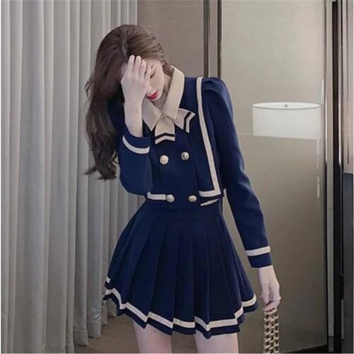 New Sweet Women set Spring Autumn Pretty style Double breasted blouse and High waist pleated skirt Japanese style Jk Set