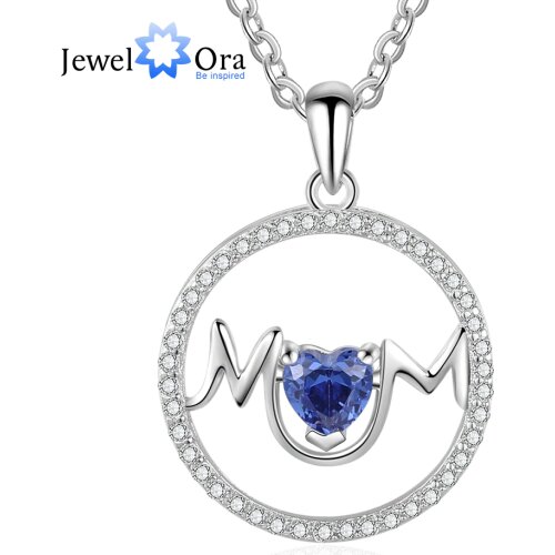 JewelOra Personalized Customize Heart Birthstone Necklaces & Pendants MOM Circle Necklace with Cubic Zirconia Mothers Day Gift
