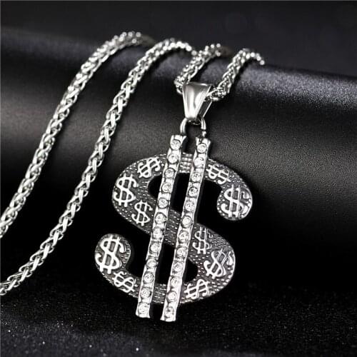 Stainless steel Cast US Dollar Money Sign pendant Necklace Money Symbol Sign Pendant Necklace Rhinestone Bling Jewelry