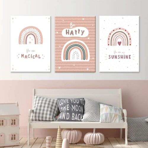 Pink Cartoon Rainbow Print Macical Sunshine Canvas Poster Painting Happy Quotes Picture Nursery Wall Art for Baby Room Decor