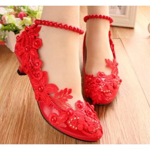 3CM heel red full lace pumps shoes for woman string beads NQ256 ankle pearls straps handmade luxury red anniversary party shoe
