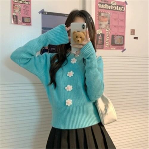 Vintage Womens Sweater Korean Casual O-neck Floral Slim Waist Knit Pullover Sweaters Fashion Tide 2021 Winter