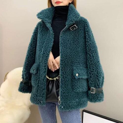2021 Women Winter Warm Natural Sheep Shearing Coat Female Zipper Pockets Lambs Wool Fur Plush Jacket Lady Vintage Outercoat K324
