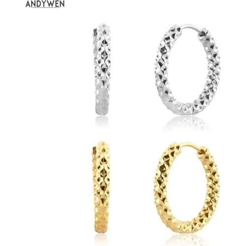 ANDYWEN New 925 Sterling Silver Gold Plain Hoops Earrng Clips Women Rock Punk Pave Wave Round Jewelry 2021 Wedding Jewelry