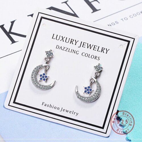 New Blue Crystal Rhinestone With Cubic Zirconia Star And Moon Earrings Pentacle Stud Earrings For Women Fashion Jewelry Gifts