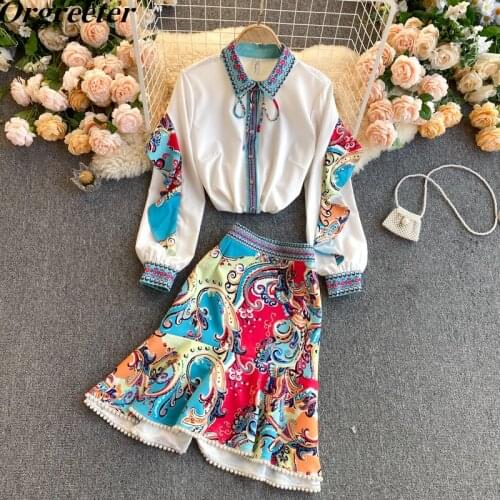 Spring Fashion Runway Skirt Sets Womens Long Sleeve Contrast Color Ruffles Shirt + Beading Pearls Mermaid Skirts 2 Piece Sets
