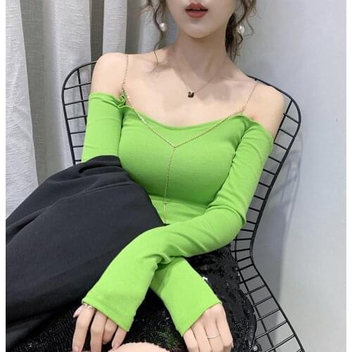 Female Fashion Sexy Chain Sling Shoulder Strapless Clavicle Tops Women Bottoming Shirt Womens Solid Color Long-sleeved T-shirt