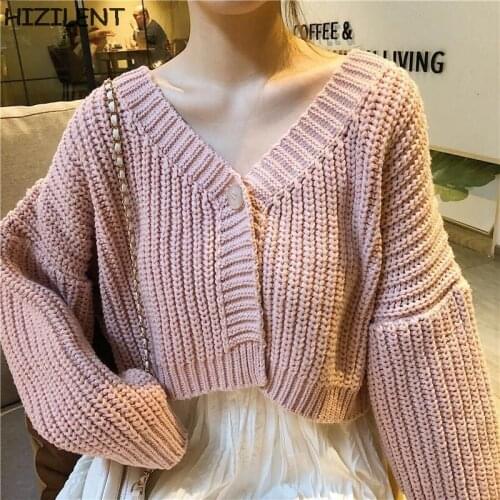 Women Autumn Vintage French Style basic Solid color Short Knitted Sweater Chic Lady Fashion Single Breasted Loose Cardigan Femme