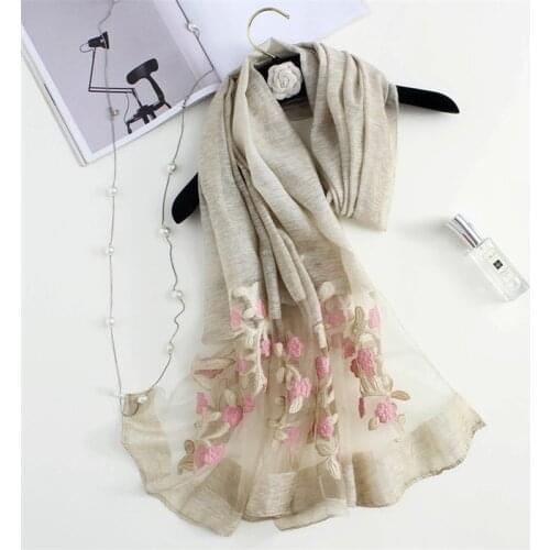 VISNXGI New Women Silk Scarf Winter Flower Embroidery Shawl Scarf Hijab Wrap Headband Ladies Muslim Hijabs Organza Long Scarves