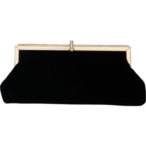 D0LF Women Retro Black Velvet Evening Clutch Bag Glitter Rhinestone Buckle Banquet Party Ladies Handbag Purse with Chain