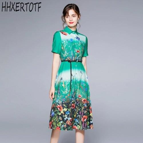 2021 retro green flower print dress female casual slim satin short-sleeved shirt skirt female fashion chic Vestidos