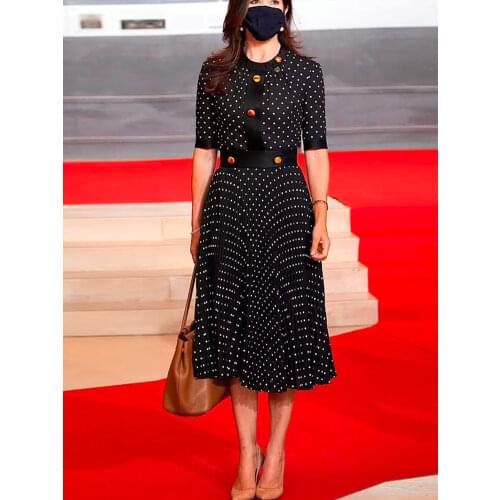 Princess Mary Summer New Designer Women High Quality Vintage Elegant Party Office Polka Dot Print Black Fashion Pleated Dress