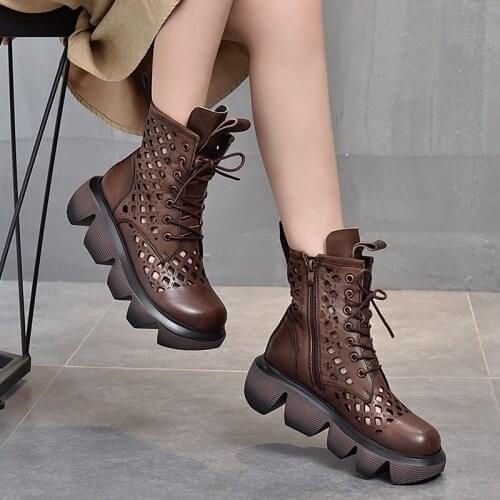 2021 Spring Hollow Single Boots Platform Platform with Lace-up Martin Boots High-heel Round Genuine Leather Hole Sandals