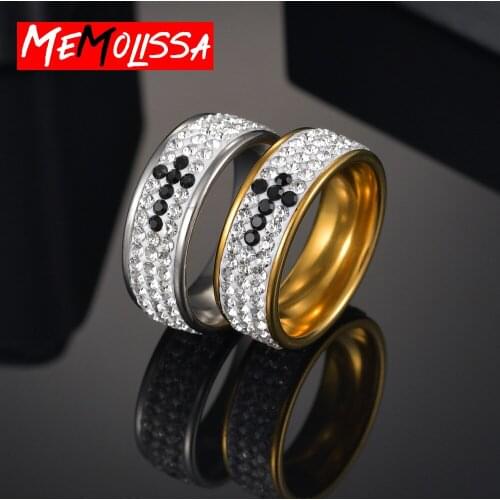 3 Row Rhinestone Cross Ring 316L Stainless Steel Finger Rings for women men gothic anillos mujer