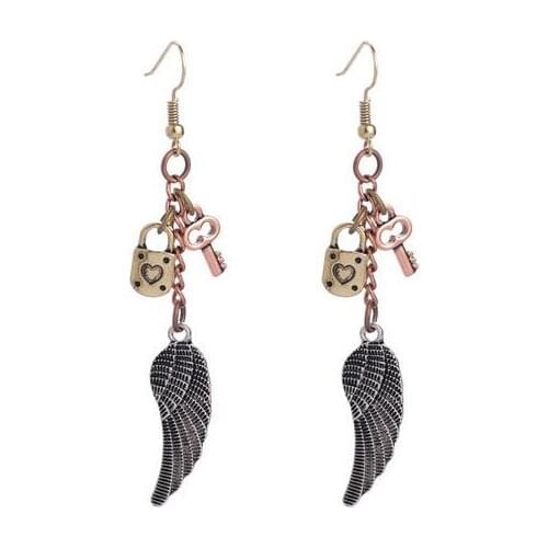 Antique bronze/copper/silver plated wing key and locket charms earring with fish hook