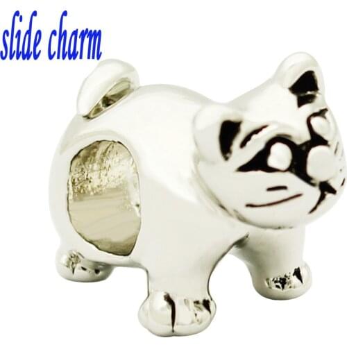 Slide charm Free shipping black and white animal fat cat charm beads fit Pandora bracelet