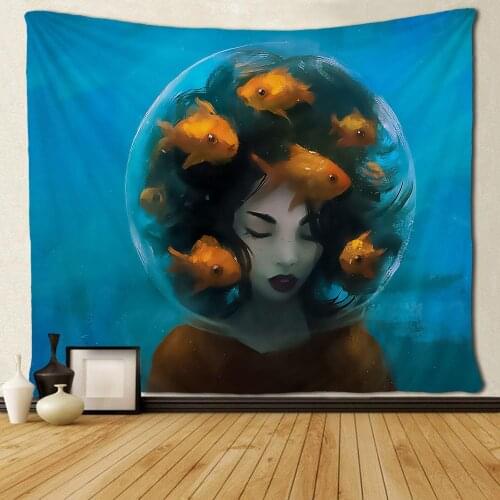 Black Beauty Beautiful Women Face with Fish Custom Tapestries