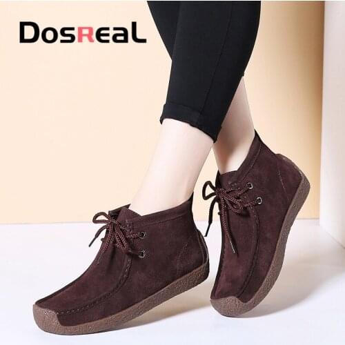 Dosreal Women Shoes 2020 Autumn Winter Flats Woman Snow Boots Lace Up Luxury Cow Suede Leather female Ankle Boots Big Size 42