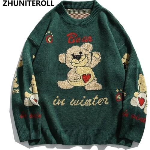 Cartoon Bear Knitted Jumper Streetwear Mens Hip Hop Harajuku Pullover Knitwear Fashion Knit Outwear Male Couple Sweaters Tops