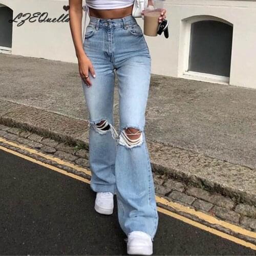 Vintage High Waist Hole Flare Jeans Pant for Women Streetwear Loose Female Denim Jeans Buttons Zipper Ladies Jean 2021