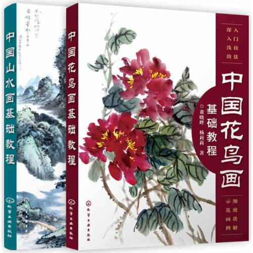 Chinese traditional brush book landscape bird ink painting basic knowledge textbook for beginners with detail steps,set of 2