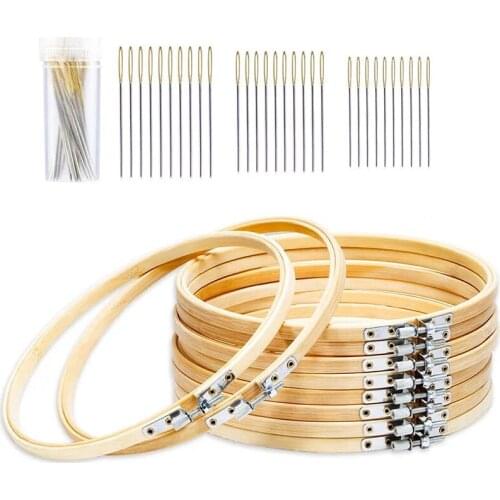 Nonvor Embroidery Hoops Bulk 10 Pack Wholesale Bamboo Circle Cross Stitch Hoop Ring with 30 Pieces Large Eye Needles