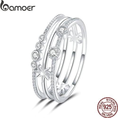 Bamoer 925 Sterling Silver CZ Shining Star Finger Rings for Women CZ woman wedding ring Size Korean Style fine Jewelry BSR156