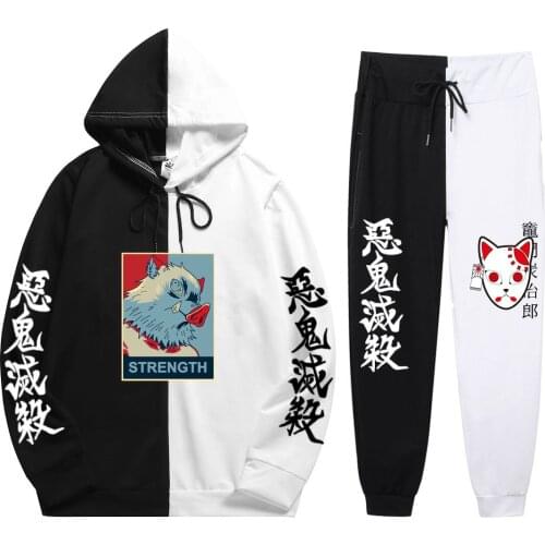 Summer Unisex 2 Pieces Sets Anime Harajuku Demon Slayer Inosuke Print Patchwork Thin Hoodie+Patchwork Pants Sweater
