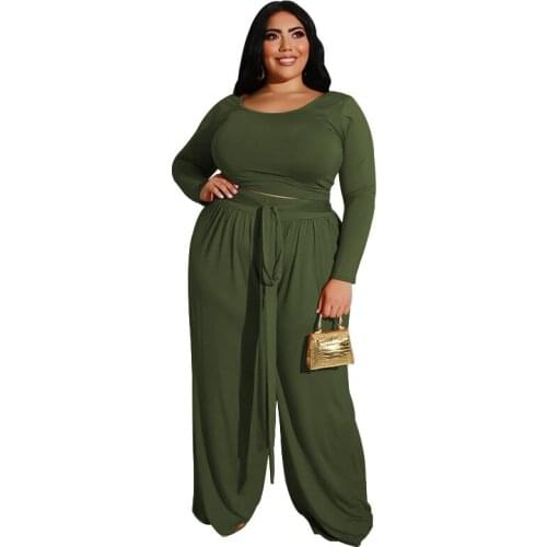 5XL Big Size Outfit Solid O Neck Long Sleeve T Shirt Tops And Laced Up Strech High Waist Wide Pant Matching Set Casual
