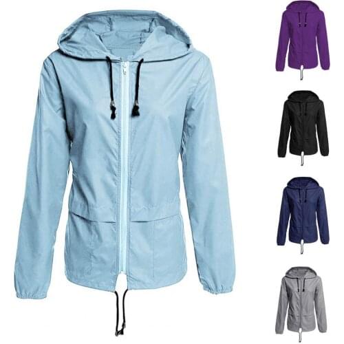 Hooded Jacket Solid Color Drawstring Women Long Sleeve Zipper Pockets Raincoat for Hiking