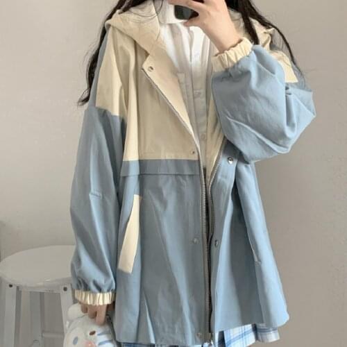 Women Harajuku Stitching Oversized Kawaii Coats Casual Fashion Jacket Outerwear Hooded Jackets Spring New Loose Preppy Style