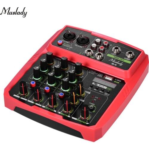 Muslady B4 Portable 4 Channels Audio Mixer USB Mixing Console Supports BT Connection with Sound Card Built-in 48V Phantom Power